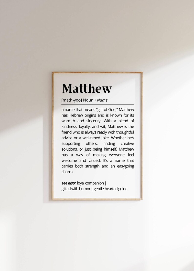 Matthew Name Definition Wall Art Print Personalized Inspirational Decor Gift Name Meaning Modern Minimalist Wall Art Gift Friends & Family