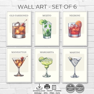 Classic Drinks Set of 6, Digital Bar Cart Art, Vibrant Drink Prints, Retro Mixology Wall Decor, Home Bar Printable Color Drinks Gallery