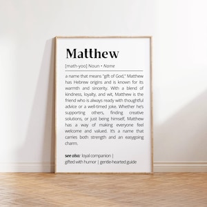 Matthew Name Definition Wall Art Print Personalized Inspirational Decor Gift Name Meaning Modern Minimalist Wall Art Gift Friends & Family