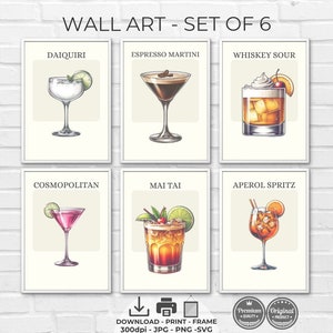 Classic Drinks Set of 6, Digital Bar Cart Art, Vibrant Drink Prints, Retro Mixology Wall Decor, Home Bar Printable Color Drinks Gallery