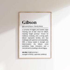 Gibson Family Name Definition Wall Art Surname Meaning Print Ancestry Heritage Decor Personalized Name Poster Unique Art Gift for Families