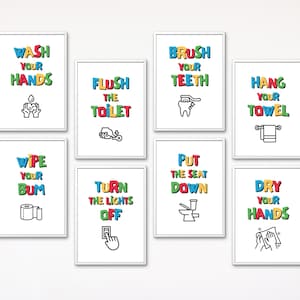 Funny Kids Bathroom Wall Art Set of 8 Colorful Hygiene Rules Printable Decor Gift for Toddlers Bathroom Manners Kindergarten Teachers Poster