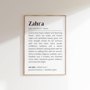 Zahra Name Definition Wall Art Personalized Name Meaning Gift Minimalist Typography Poster Baby Shower Printable Baptism Nursery Art Decor