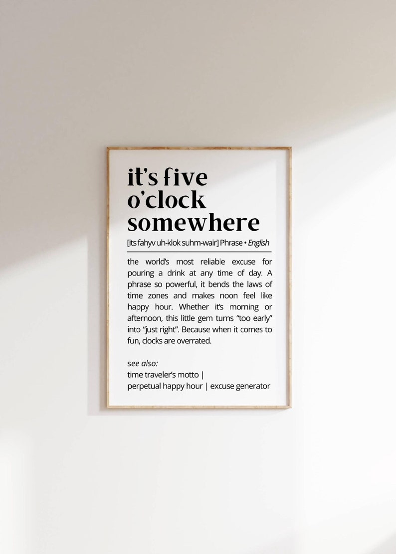 Its Five OClock Somewhere Definition Wall Art Funny Drink Quote Printable Bar Decor Happy Hour Alcohol  Humor Print Digital Download Poster