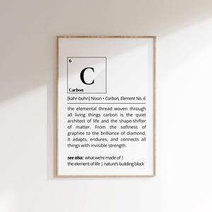 May include: A black and white poster with the letter "C" in a box, representing the element Carbon. The poster includes the pronunciation, definition, and a description of the element's properties and importance in life.