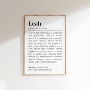 Leah Name Definition Wall Art Personalized Name Meaning Gift Minimalist Typography Poster Baby Shower Printable Baptism Nursery Art Decor