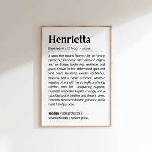 Henrietta Name Definition Wall Art Personalized Name Meaning Minimalist Typography Poster Baby Shower Gift for Baptism Nursery Home Decor