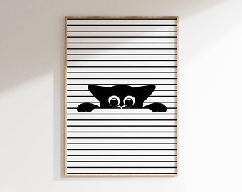 Peeking Black Cat Art Print: Minimalist Cat Lover Decor (Digital Download)