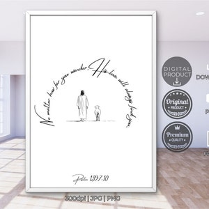 Psalm Christ art Jesus leaves the 99 Parable of the lost sheep Good shepherd Religious gifts Inspirational verses bible  Religious poster