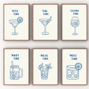 Tini Time Set of 6 Print Bar Art Print Minimalist Cocktail Poster Blue Bar Cart Wall Art Printable Art Drinks Wall Decor Digital Download