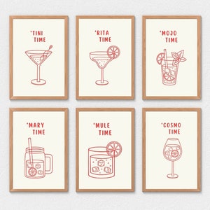 Tini Time Set of 6 Print Bar Art Print Minimalist Cocktail Poster Red Bar Cart Wall Art Bar Printable Art Drinks Wall Decor Digital Download