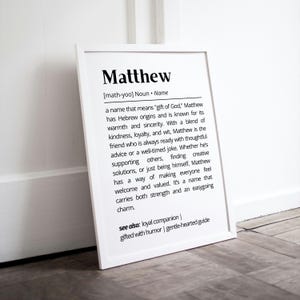 Matthew Name Definition Wall Art Print Personalized Inspirational Decor Gift Name Meaning Modern Minimalist Wall Art Gift Friends & Family