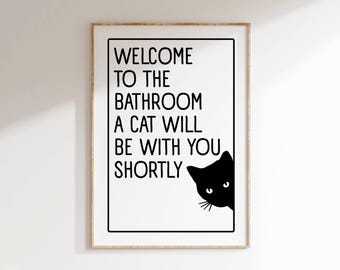 Funny Cat Bathroom Sign: Minimalist Cat Lover Art (Digital Download)