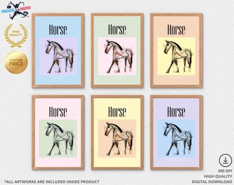 Horse Wall Art Set of 6, Digital Download, Printable Art, Animal Art, Modern Horse Wall Art, Stallion Illustrations, Vibrant Horse Designs