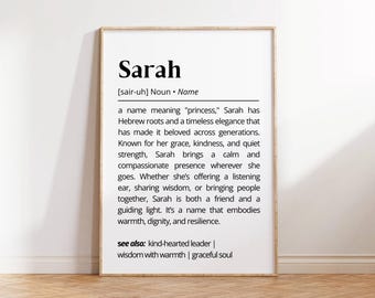 Sarah Name Definition Wall Art Elegant Name Meaning Print Hebrew Origin Princess Name Poster Inspirational Gift for Home Decor or Loved Ones