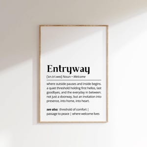 Puede incluir: Una impresión de arte de pared imprimible en blanco y negro con la palabra "Entryway" definida como un lugar donde el exterior se detiene y el interior comienza. La impresión también incluye la definición de "umbral de confort", "paso a la paz" y "donde la bienvenida vive".