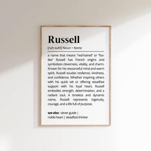 Russell Name Meaning Print: Personalized Typography Wall Art (Digital Download)