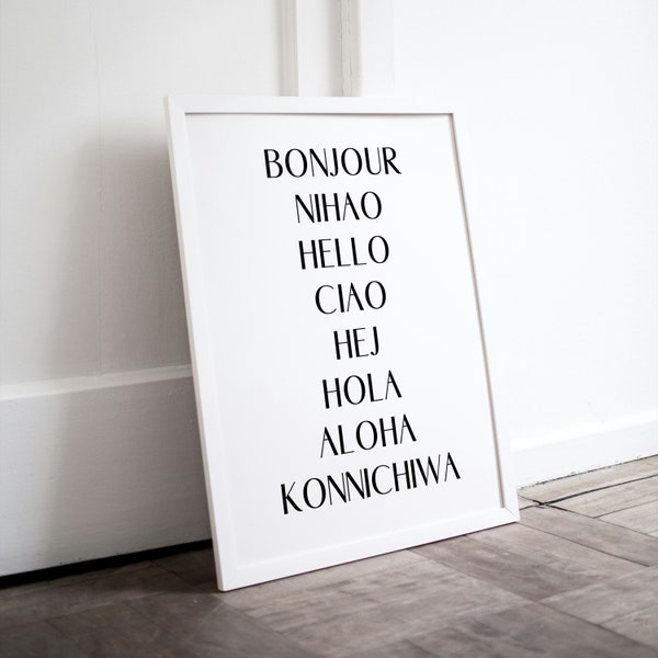 Minimalist Hello in 7 Languages, hello in many languages, hello languages, wall art typography, hello poster, word wall art, poster words