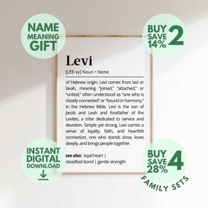 May include: A framed print with the name "Levi" and its meaning, origin, and associated traits. The print includes green circular graphics with text like "Name Meaning Gift" and "Instant Digital Download."