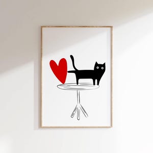 Black Cat touching Red Heart Minimalist Wall Art Cute Printable Animal Decor Modern Cat Lovers Unique  Gift for Her Pet Owners Home Poster