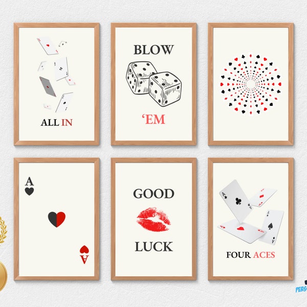 Set of 6 Retro Card Prints, Lucky Ace Wall Art, Vintage Poker Poster, Digital Download, Trendy Decor, Gambling Themed Art