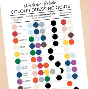 以下が含まれることがあります： 「Wardrobe Rehab」というタイトルのカラーガイドで、コーディネートの組み合わせのためのカラーサンプルが掲載されています。ピンク、赤、オレンジ、ベージュ、黄色、緑、水色、濃い青、紫、茶色などのカラーオプションが含まれています。