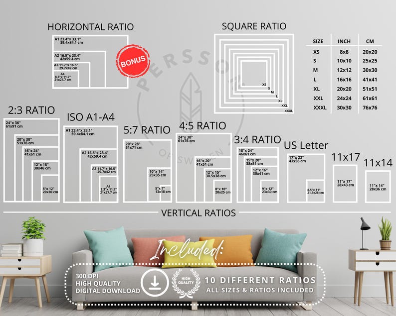 Ten of the most common Poster Sizes and ratios included in this listing with bonus ratio.
