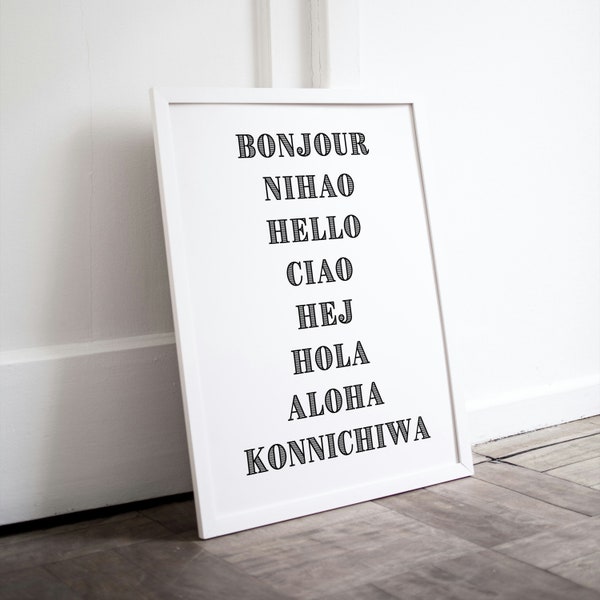 Minimalist Hello in 7 Languages, hello in many languages, hello languages, wall art typography, hello poster, word wall art, poster words