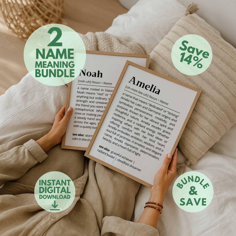 Custom name meaning print bundles set of 2 4 6 12 24 50 names personalized family gift grandparent gift classroom teacher gift wedding event planner digital download instant printable