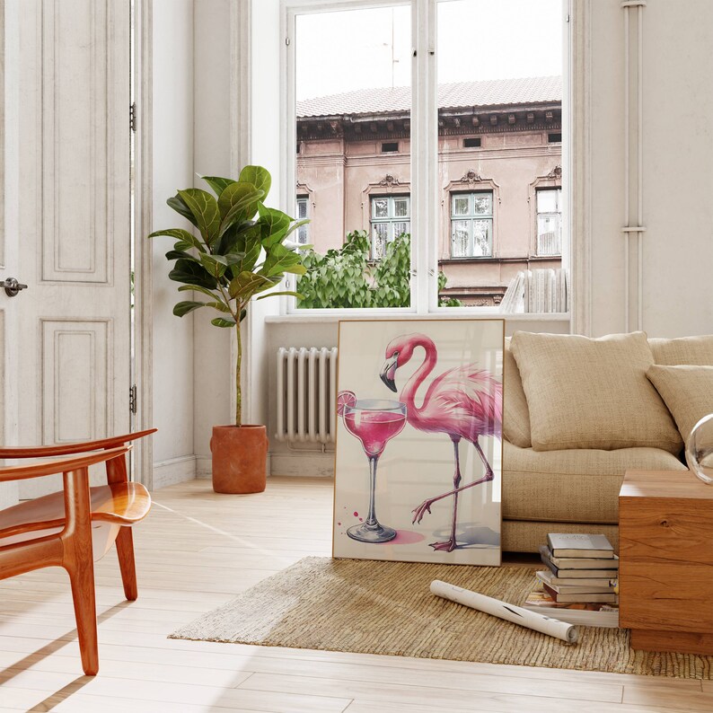 Pink Flamingo with Cocktail Art Print Quirky Bar Decor Fun Kitchen Wall