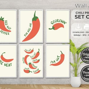 Chilis Set of 6 Printable Wall Art, Digital Chili Poster, Downloadable Print, Modern Kitchen Decor, Retro Poster, Food Art, Hot Kitchen Art