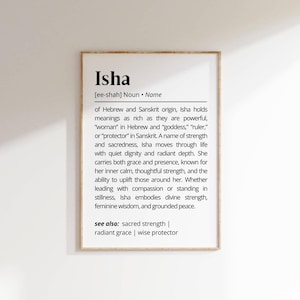 Puede incluir: Impresión enmarcada con el nombre "Isha" en letras negras. El texto debajo describe el origen y significado del nombre. El marco es de color marrón claro.