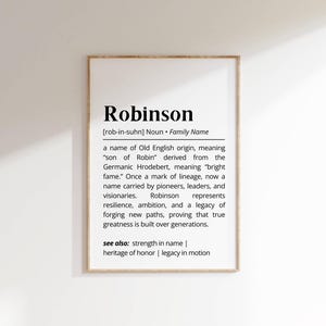 Robinson Family Name Definition Wall Art Surname Meaning Print Ancestry Heritage Decor Personalized Name Poster Unique Art Gift for Families