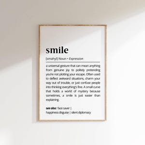 Smile Definition Wall Art Inspirational Typography Print Minimalist Home Decor Cute Quirky Gift Motivational Poster Gift for Her and Friends