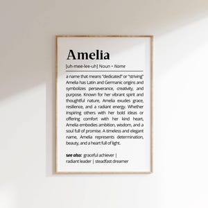 Amelia Name Definition Wall Art Personalized Name Meaning Minimalist Typography Poster Baby Shower Unique Gift Idea for Her Nursery Decor