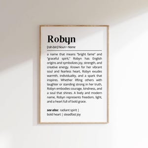 Robyn Name Definition Wall Art Personalized Name Meaning Gift for Her Minimalist Typography Poster Baby Shower Printable Nursery Art Decor