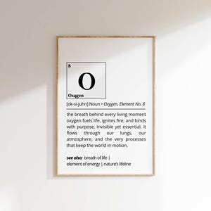 May include: A black and white printable poster with the chemical symbol for oxygen, the element's atomic number, and a definition of oxygen. The text reads "Oxygen [ok-si-juhn] Noun Oxygen, Element No. 8 the breath behind every living moment oxygen fuels life, ignites fire, and binds with purpose. Invisible yet essential, it flows through our lungs, our atmosphere, and the very processes that keep the world in motion. see also: breath of life | element of energy | nature's lifeline"