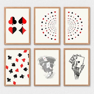 Set di 6 stampe di carte retrò, Lucky Ace Wall Art, poster di poker vintage, download digitale, arredamento alla moda, arte a tema gioco d'azzardo