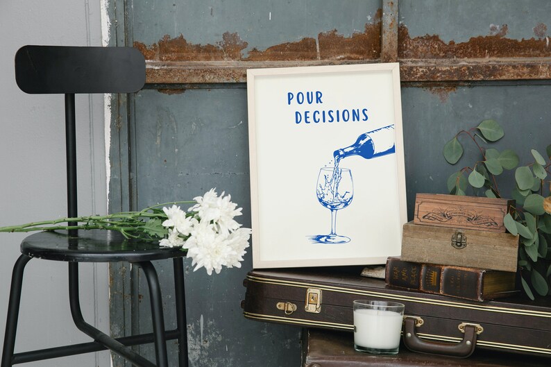 Pour Decisions Print Bar Art Print Minimalist Cocktail Poster Blue Bar Cart Wall Art Printable Drinks Wall Decor Digital Download 1 Print