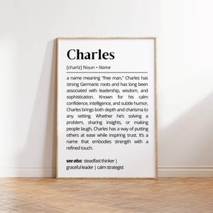Puede incluir: Un póster imprimible en blanco y negro con la definición del nombre Charles. El póster tiene un diseño simple y moderno e incluye el significado del nombre, su origen y los rasgos asociados.