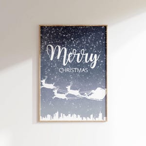 Santa Reindeer Sleigh Christmas Print: Snowy Minimalist Home Decor (Digital Download)