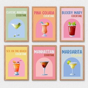 Cocktail Poster Set of 6 Classics, Digital Bar Cart Art, Vibrant Drink Prints, Mixology Wall Decor, Home Bar Printable, Drinks Gallery