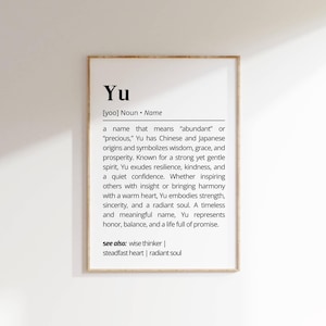 Yu Name Definition Wall Art Personalized Name Meaning Minimalist Typography Poster Baby Shower Gift Idea for Baptism Nursery Home Art Decor
