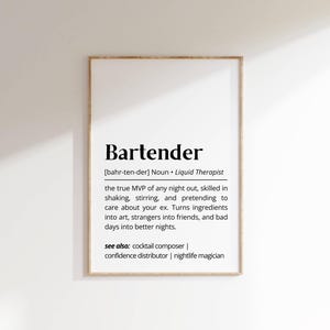 Bartender Definition Wall Art Fun Bartender Gift Cocktail Bar Decor Mixologist Printable Nightlife Humor Liquor Lounge Art Typography Poster