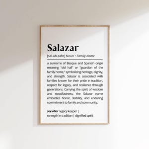 Salazar Family Name Definition Wall Art Surname Meaning Print Ancestry Heritage Decor Personalized Name Poster Unique Art Gift for Families