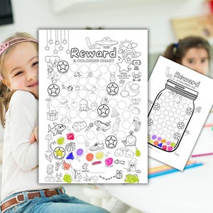 May include: Black and white printable reward chart with a space for a child's name. The chart features a variety of fun illustrations, including a spaceship, a rainbow, a star, a fish, a unicorn, and a bee. The chart is designed to help children track their progress and earn rewards.