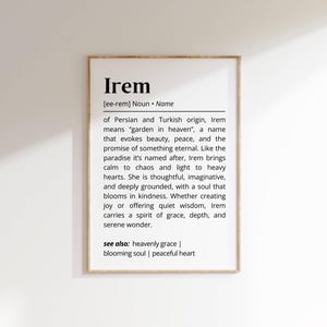 Irem Name Definition Wall Art Personalized Name Meaning Gift for Her Minimalist Typography Poster Baby Shower Printable Nursery Art Decor