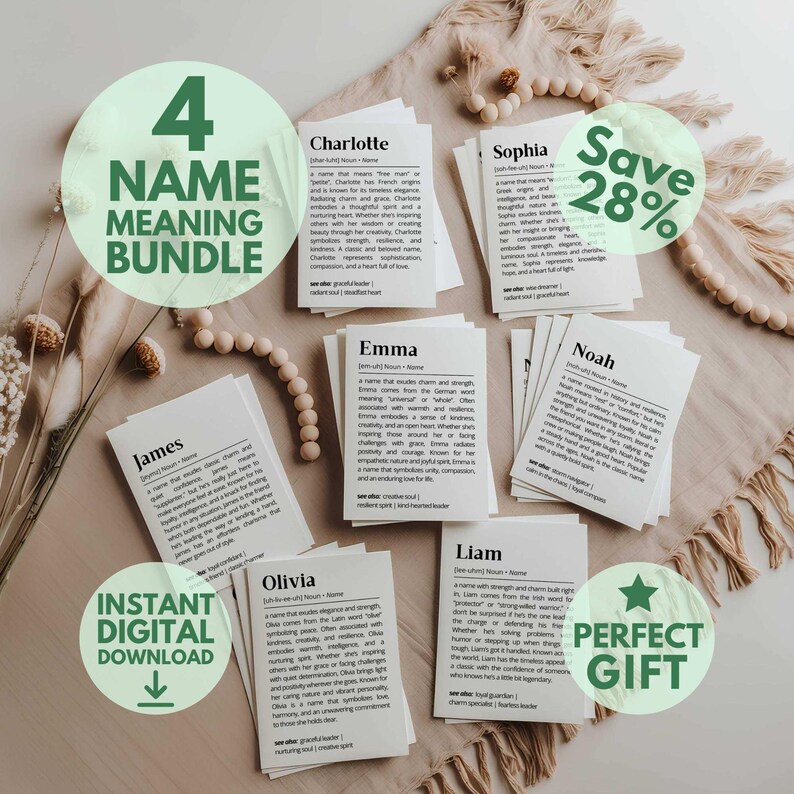 Custom name meaning print bundles set of 2 4 6 12 24 50 names personalized family gift grandparent gift classroom teacher gift wedding event planner digital download instant printable