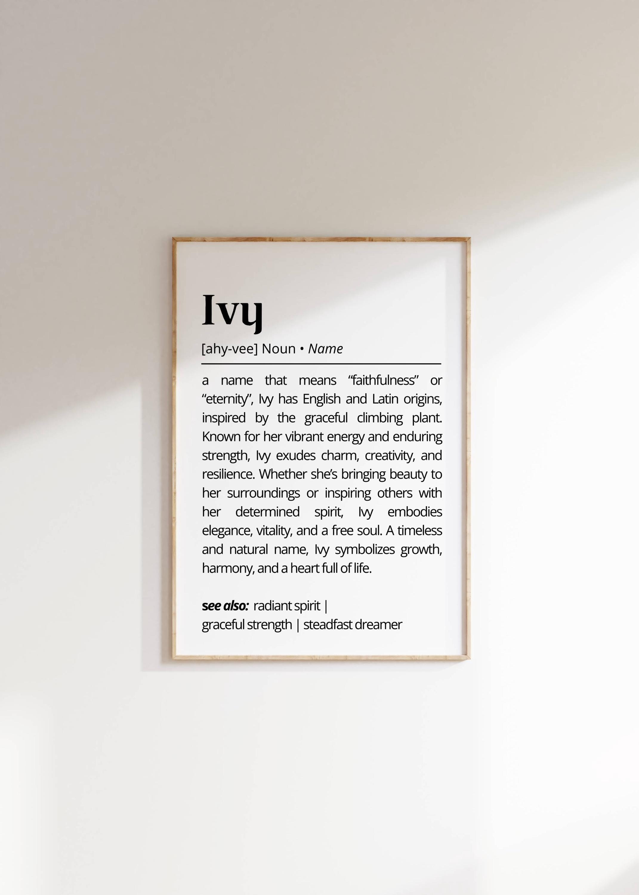 Ivy Name Definition Wall Art Personalized Name Meaning Minimalist Typography Poster Baby Shower Gift idea for Baptism Nursery Home Art Decor