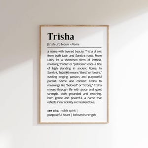 Trisha Name Definition Wall Art Positive Name Meaning Personalized Gift for New Mom Baby Shower Printable Poster Typography Nursery Decor